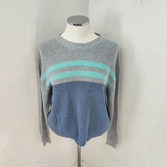 American Eagle Womens Small Grey Blue Striped Shaker Knit Crewneck Sweater S - Picture 1 of 5